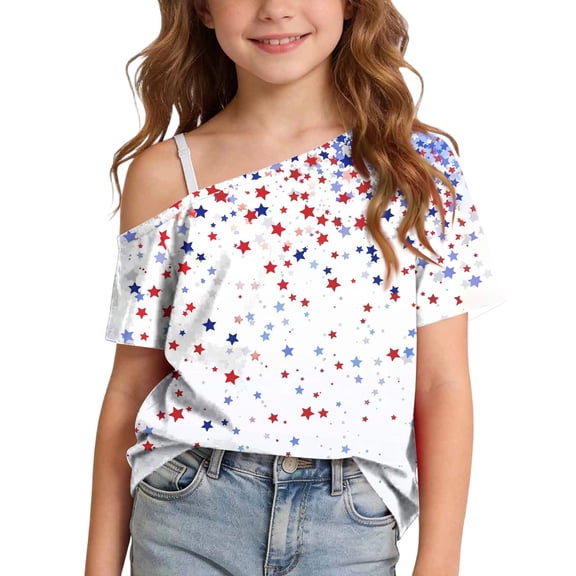 Girls 4th of July Shirts Kids 250th Anniversary USA Shirt Tops Short Sleeve One Shoulder T-Shirts Independence Day Graphic Tees Patriotic Pullover Blouse Multicolor O 9-10 Years