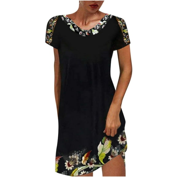 AOOCHASLIY Ladies Dresses Casual Women's Fashion Comfortable Casual Ethnic Short Sleeve Round Neck Print Dress