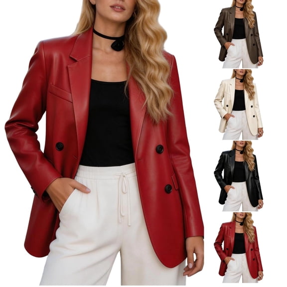 Idoravan Women Leather Jackets Casual Women Leather Blazer Jacket Women Faux Leather Blazer Jacket Fashion Women's Solid Color Long Sleeves Commute Leather Suit Jacket