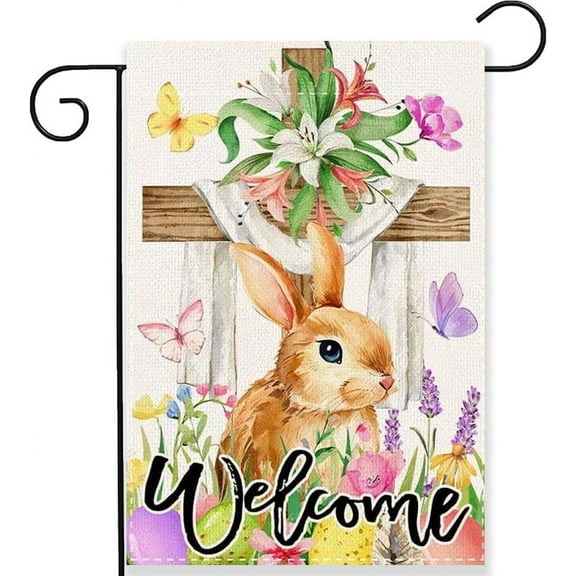 He Is Risen Easter Garden Flag - Religious Cross, 12 x 18 Inch Double Sided Burlap Cross Pink Green Floral Yard Flags for Outside Christian Spring Outdoor Decorations