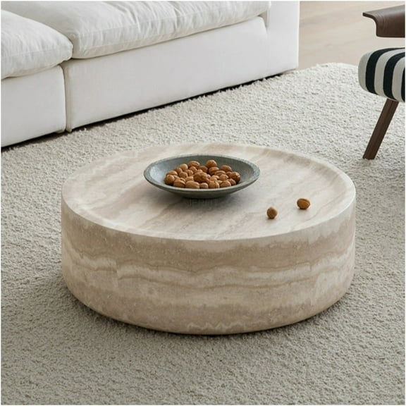 JERFIT 35.4" Round Marble Look Coffee Table, Fiberglass Faux Stone Top, No Assembly Living Room Accent Table