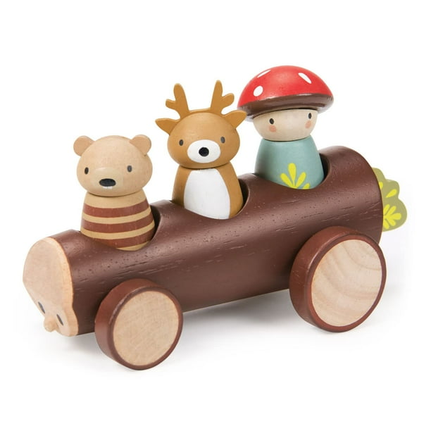 Tender Leaf Toys - Taxi de madera - Vehículo de empuje con forma de tronco de madera con 3 personajes extraíbles - Juguete de juego abierto, explora el juego de roles y la imaginación para niños y niñ