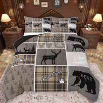 Homewish Rustic Outdoor Adventure Queen Comforter Set,Jungle Deer Bear Bedding Sets,Brown Patchwork Checkered Bedding Comforter Set For Kids,Ultra Soft Home Decor Reversible,3pcs