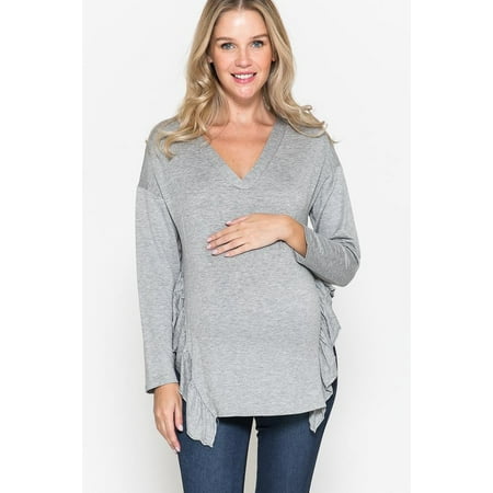 

Women Marternity V-Neck Solid Color Side Ruffle Long Sleeve Top