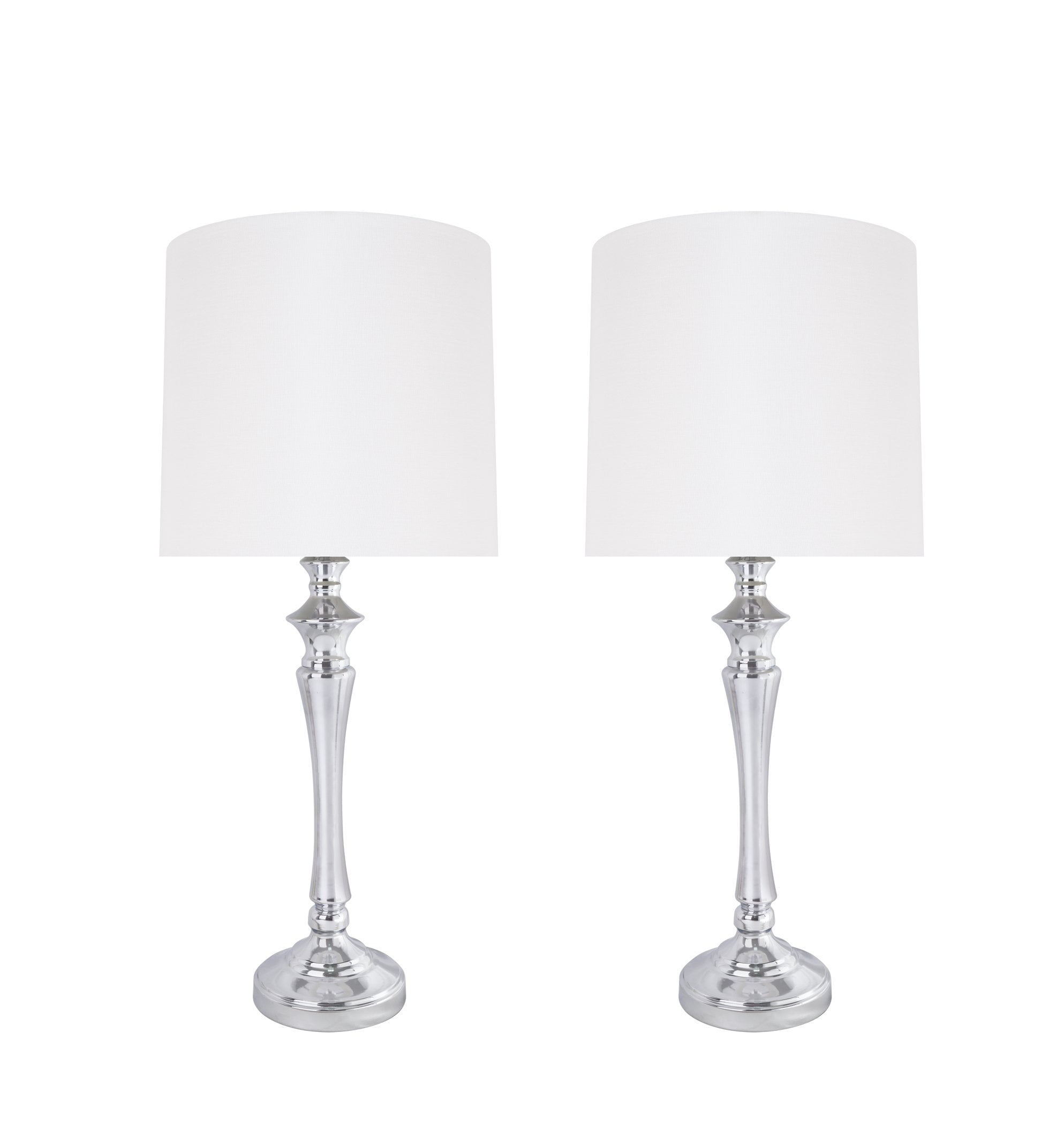 Encinal Chrome Finish Metal Table Lamp Set with White Drum Shade