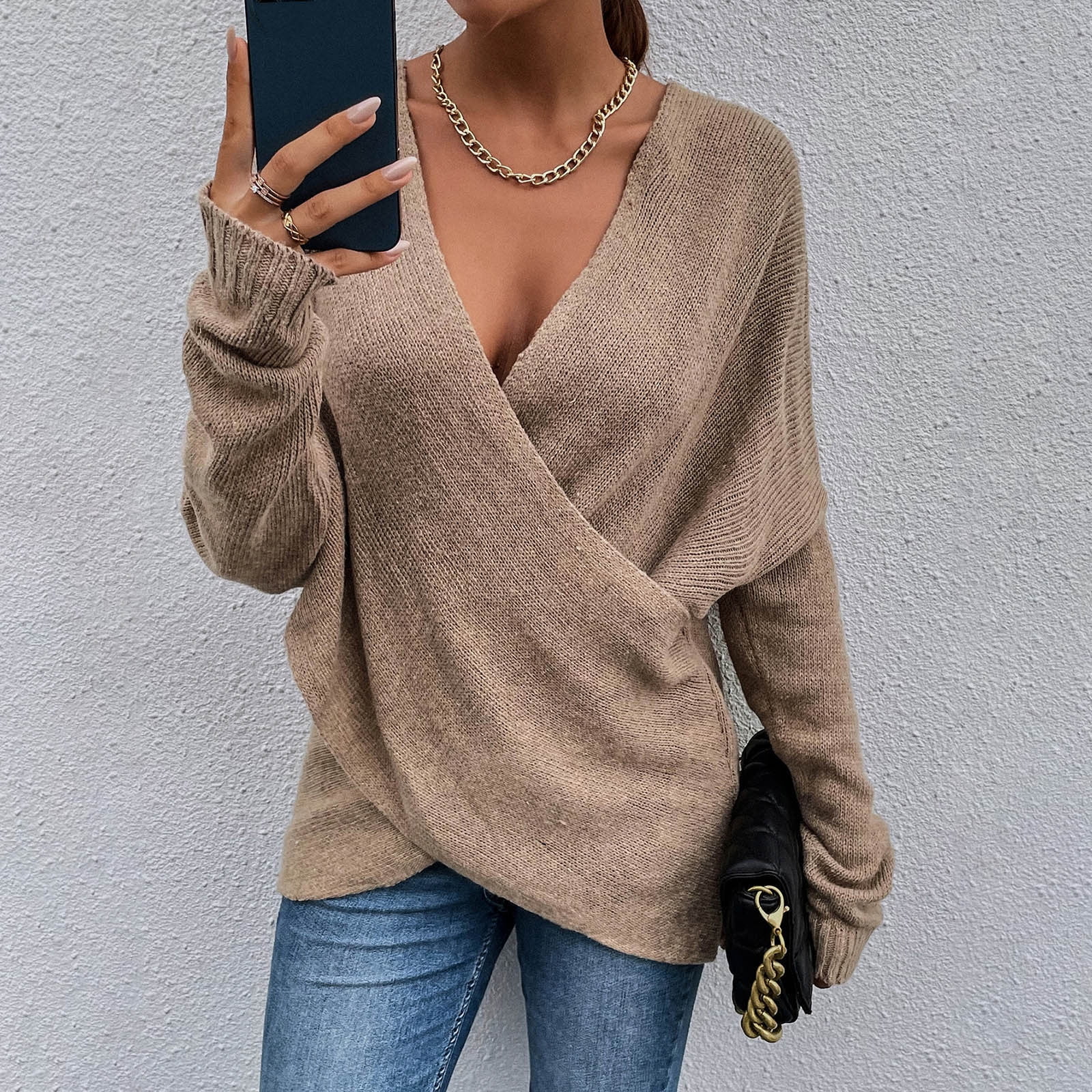 Drppepioner Ladies High Neck Sweaters Fashion Women Solid Color Long Sleeve Pullove V Neck Shirt Sweater tops