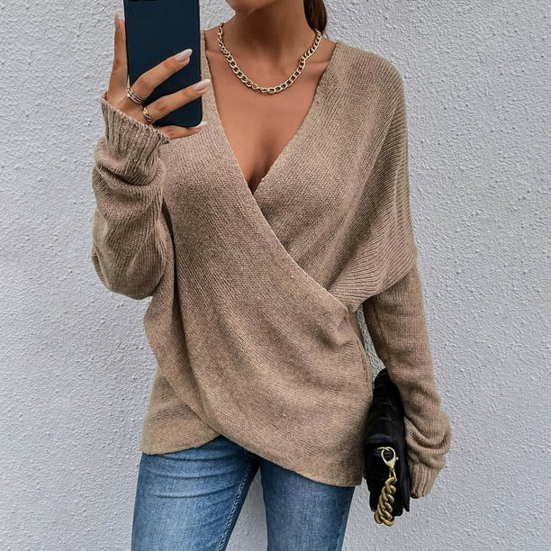 Puntoco suéter moda mujer Color sólido manga larga Pullove camisa con cuello en V suéter tops liquidación de Navidad Puntoco Puntoco-2102