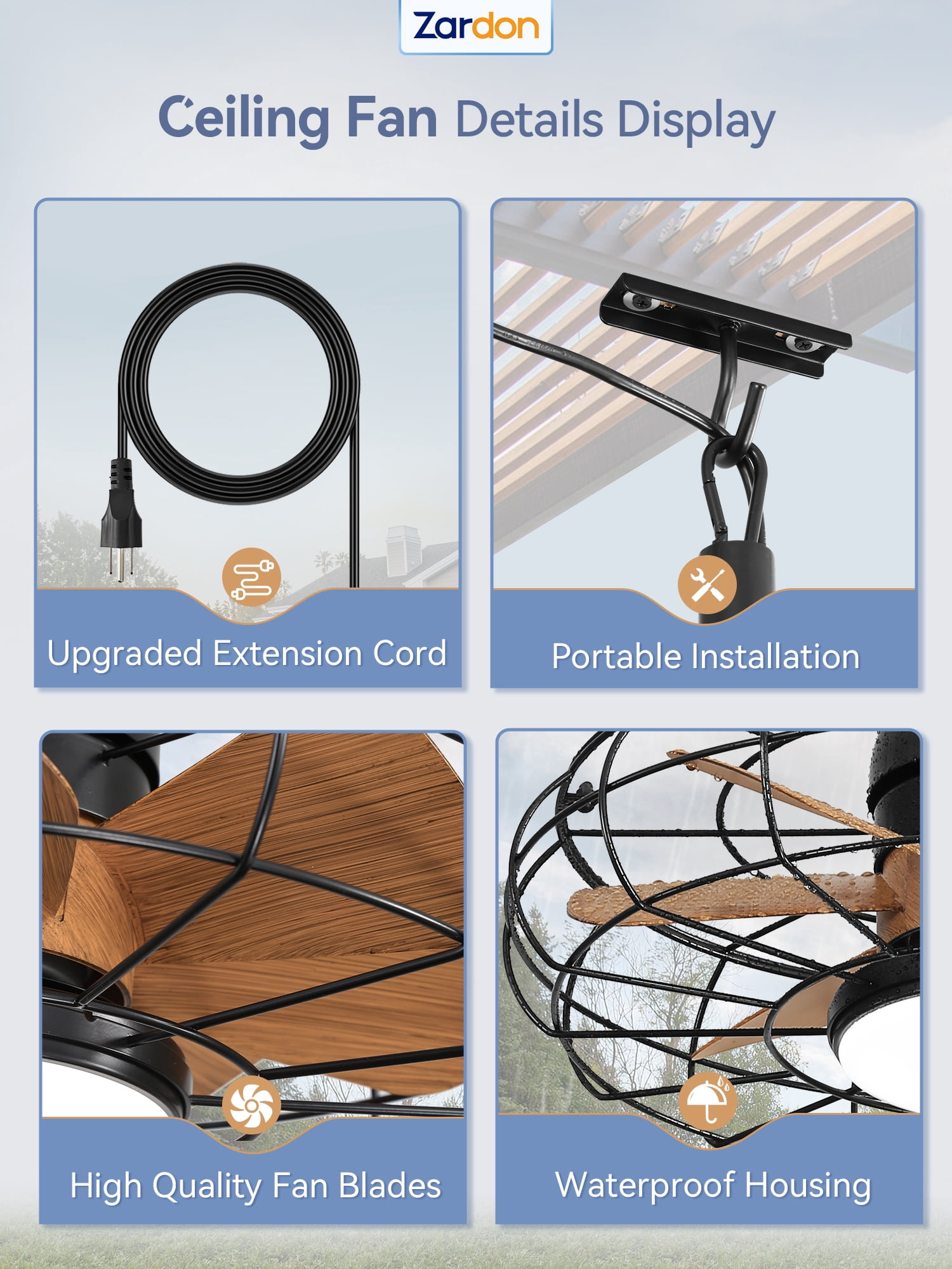 Zardon 18" Gazebo Fan for Patio, Outdoor Caged Ceiling Fan with LED Light, Quiet DC Motor and 6 Speeds with Remote Control, IP65 Waterproof for Porch, Pergola Canopy