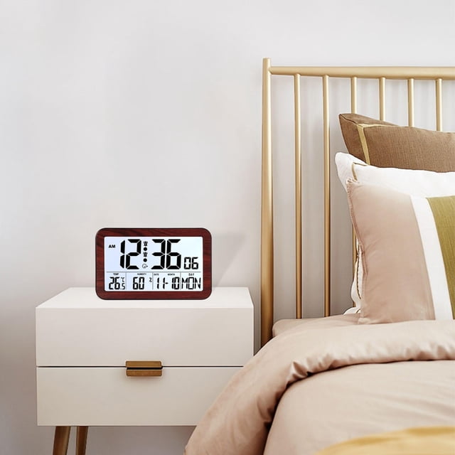 Reloj Despertador Digital Mesa Pared con Pantalla Grande Clara Monitoreo de Humedad Y Temperatura Y Alarma Silenciosa con Luz Trasera Práctica Adecuad H180H marrón