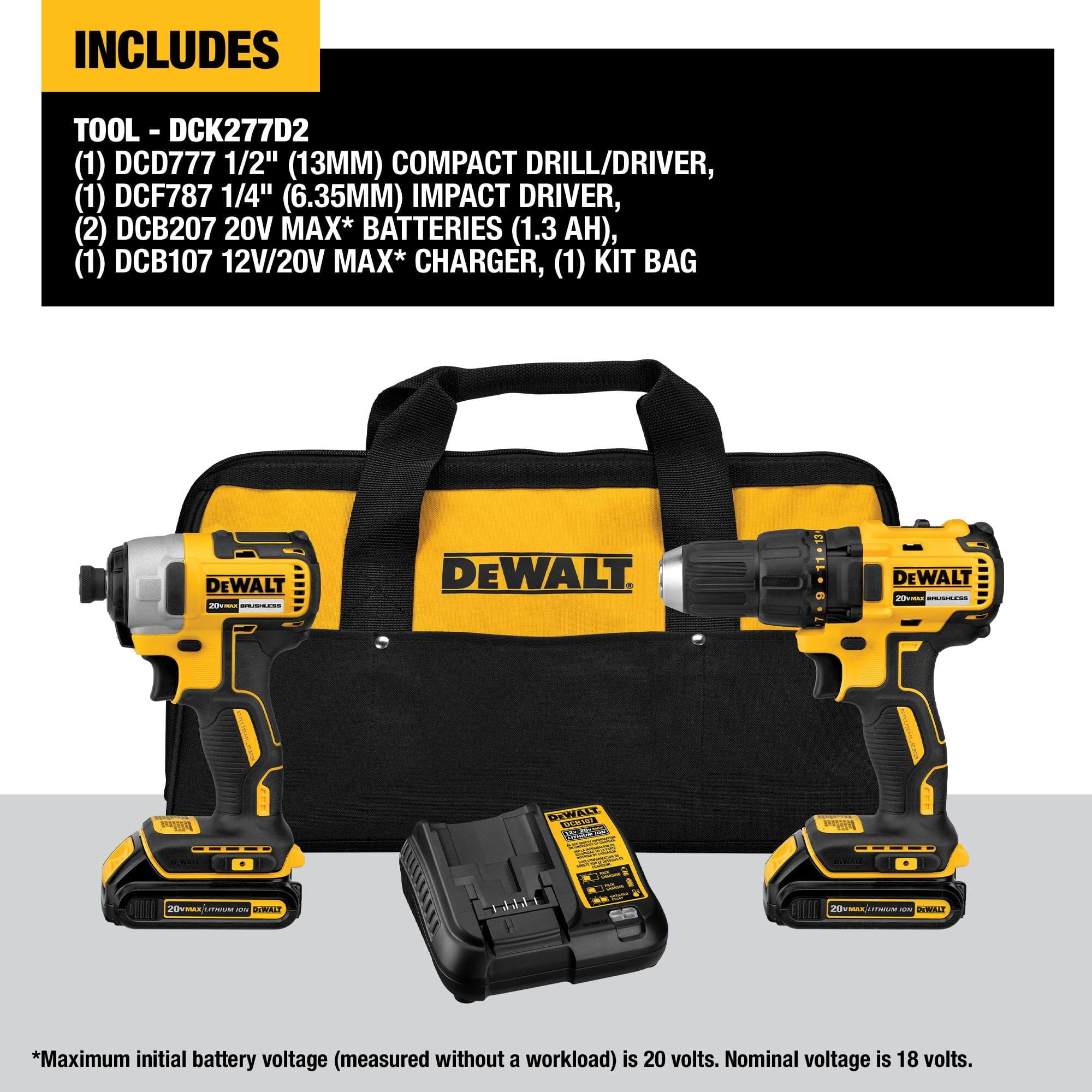 DEWALT 20V MAX Cordless Drill, Impact Driver, 2-Tool Power Tool Combo Kit, Brushless Power Tool Set with 2 Batteries and Charger Included (DCK277D2) C55