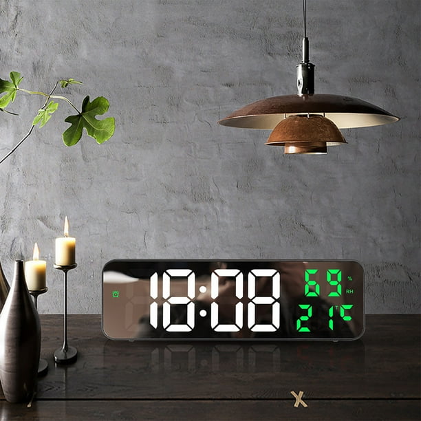 Reloj de pared digital grande con LED, temperatura, fecha, brillo, espejo de mesa para montar en la pared, despertador para decoración del hogar.