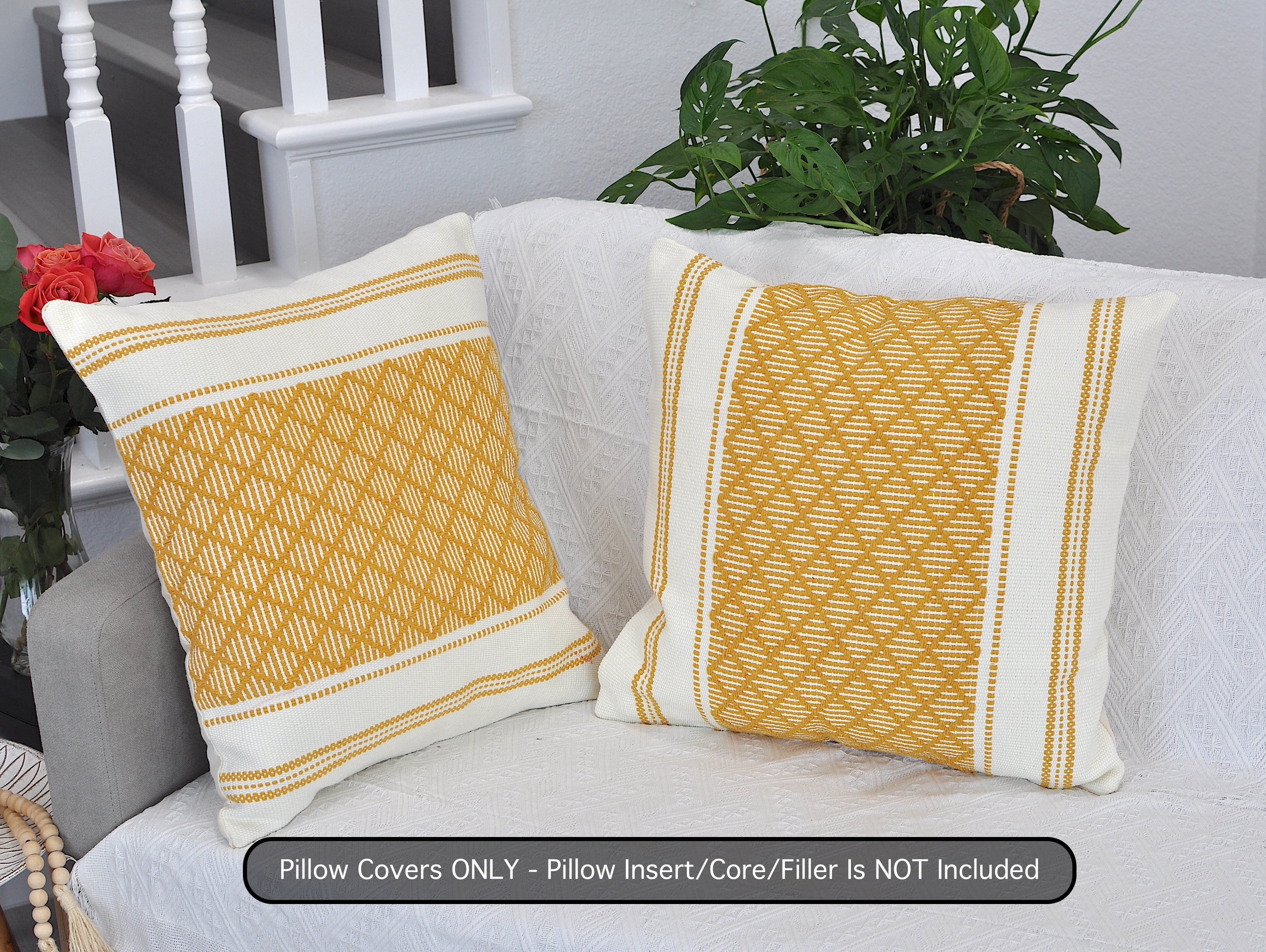 Cotton Woven Designer Throw Pillow Cover, Mustard Yellow & Off White, 20 x 20 inches | Square Cushion Covers with Geometric Design Set of 2