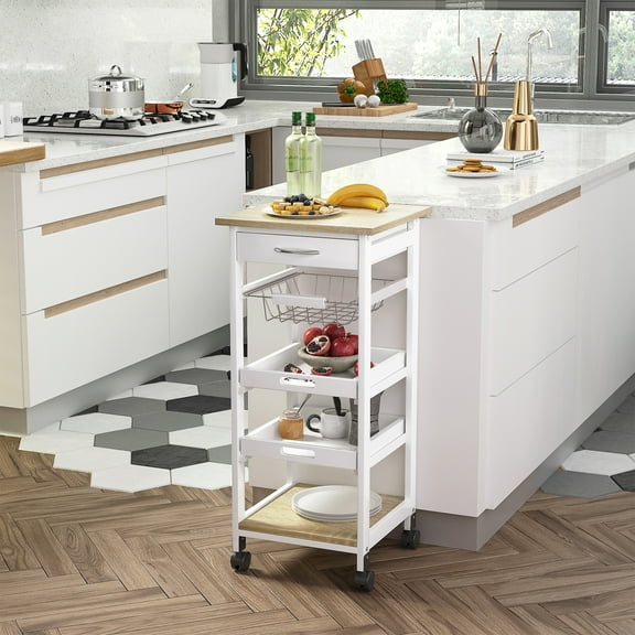 HomCom Mobile Rolling Kitchen Island Trolley Serving Cart with Underneath Drawer & Slide-Out Wire Storage Basket, White