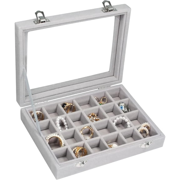 Velvet Jewelry Box 24 Grid Jewelry Ring Display Organiser Box Tray Holder Earrings Storage Case For Girls Wife Mom Women (Gray)[Z2245]