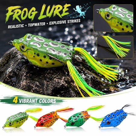 Frog Topwater Fishing Lure with Realistic Green Mottled Body & Twin Yellow-Green Tails for Bass and Pike - Lifelike Surface Action in Heavy Cover Lily Pads Reeds Shallow Water