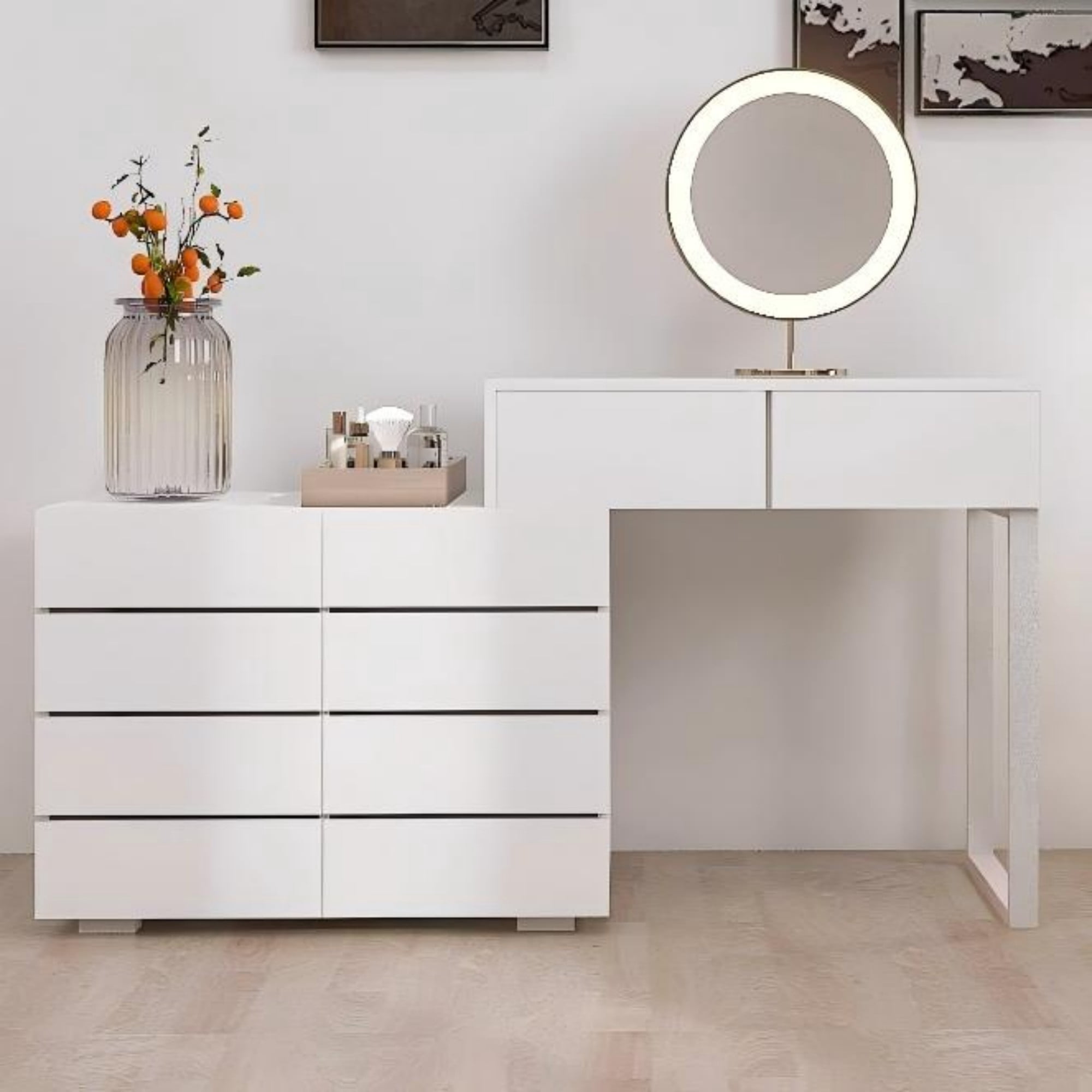 White Dresser for Bedroom,Extended Desktop 10 Drawer Dresser Storage Drawer,Chest of Drawer with Hidden Handle for Living Room,Closet,White02