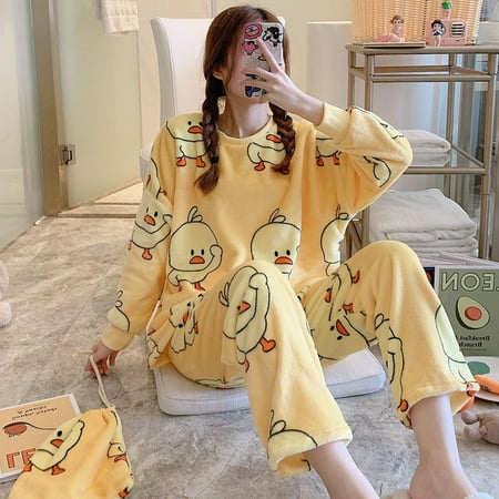 

Autumn Winter New Warm Flannel Women s Pajamas Set Long-sleeved Trousers Two-piece Set Cute Soft Home Wear Clothes for Women