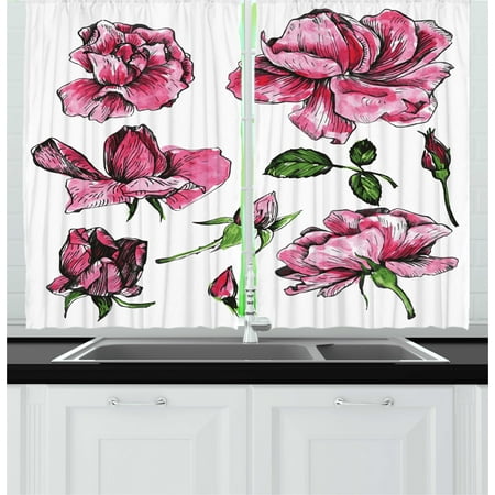 Floral Curtains 2 Panels Set Garden Flowers Roses Buds Leaves