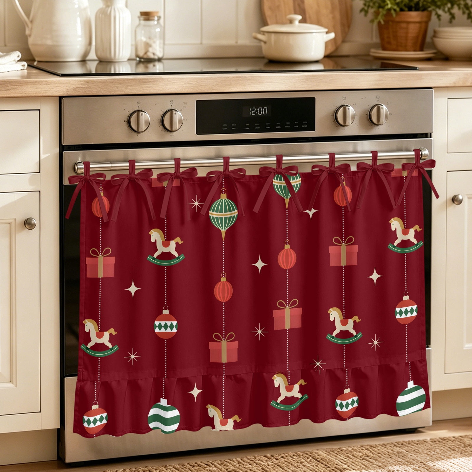 Oven Curtain for Kitchen Christmas Colorful Balls Horse Stove Curtain With Ruffled Trim Dishwasher Curtains Winter Star Present on Red Oven Skirt 27 x20