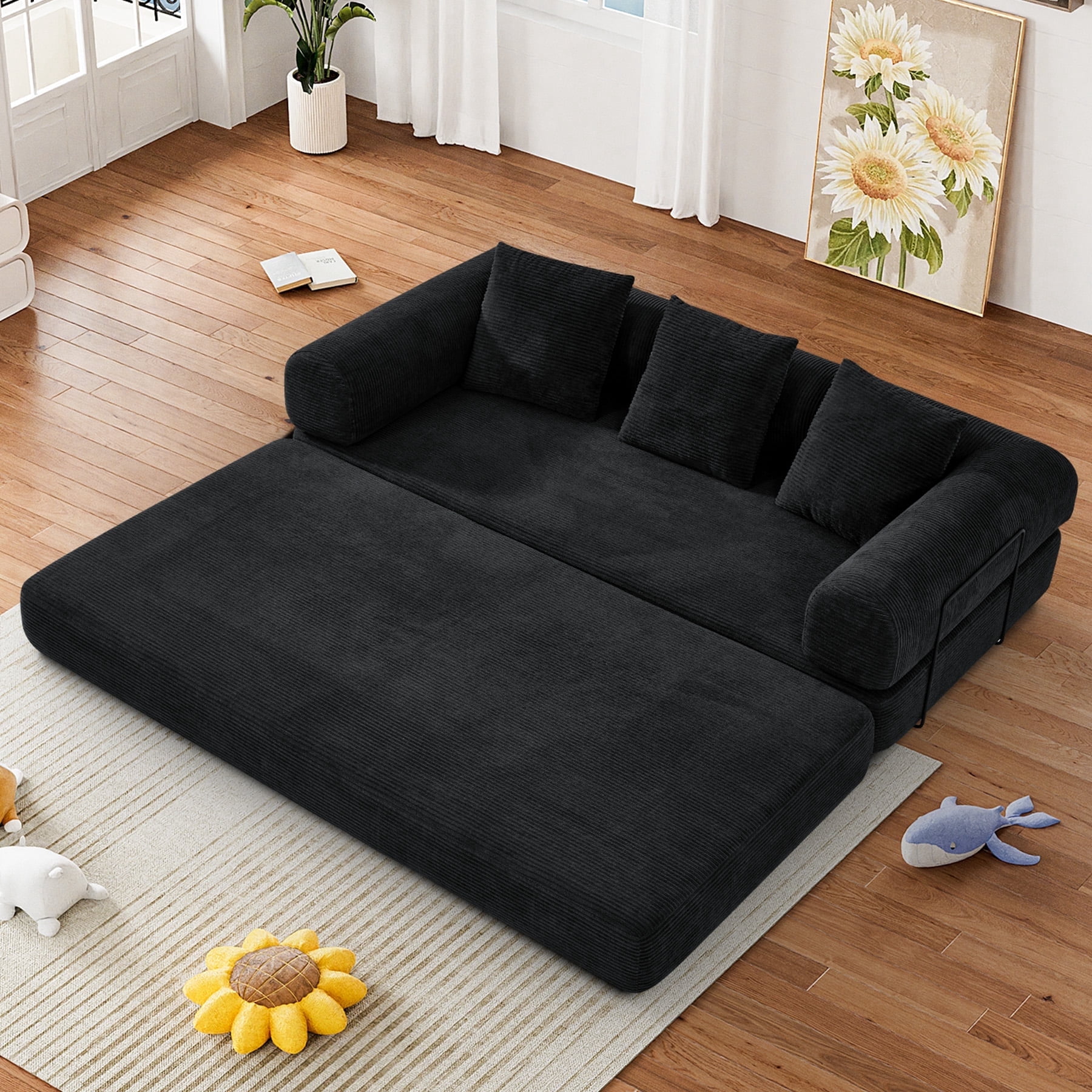 Wiilayok Convertible Sleeper Sofa Bed,Corduroy Modular Folding Mattress Couch with Fixed-Shape Frame,Comfy Futon Sofa Bed for Living Room, Bedroom(78.7",Black)