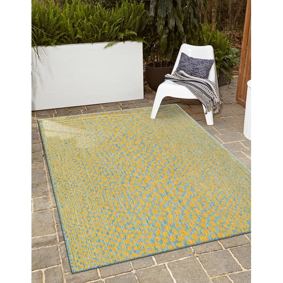 Rugs.com Jill Zarin Outdoor Collection Rug 4' x 6' Yellow And Aqua Flatweave Rug Perfect For Entryways, Kitchens, Breakfast Nooks, Accent Pieces
