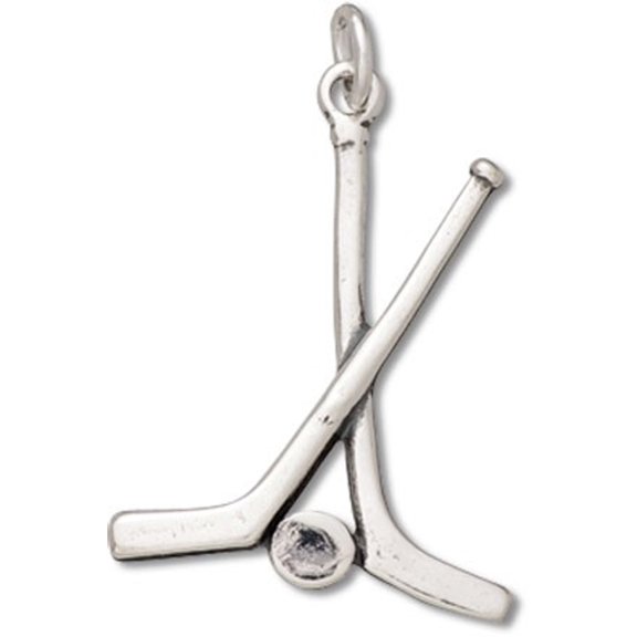 Sterling Silver 16" .8mm Box Chain Crossed Hockey Sticks Hockey Puck Pendant Necklace