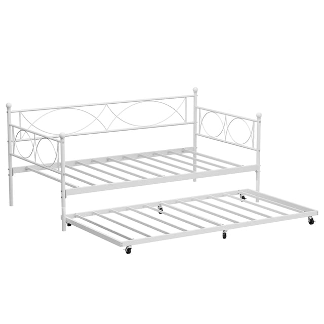 Bingirl Lit de Jour en Métal Format Simple avec Tiroir-Lit, Base de Matelas Plateforme Canapé-Lit avec Roulettes Verrouillables, Lattes en Métal Robustes pour Salon, Chambre, Chambre d'Amis en Blanc