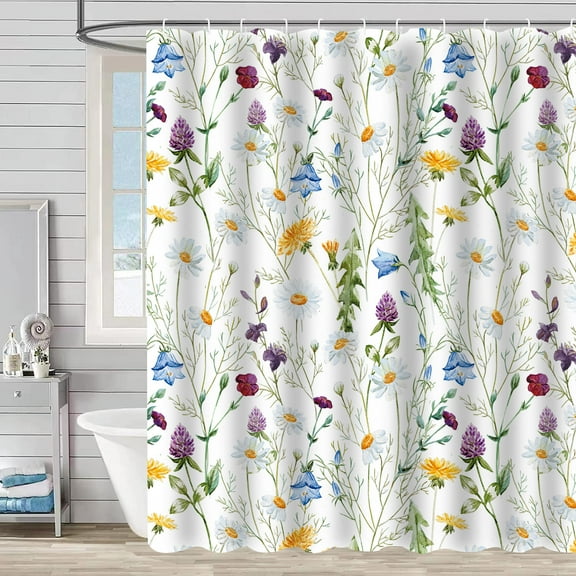 Colorful Floral Flower Shower Curtain Watercolor Leaves Vintage Boho Plant Herbs Spring Botanical Blooming Multicolor Polyester Fabric Plastic Hooks
