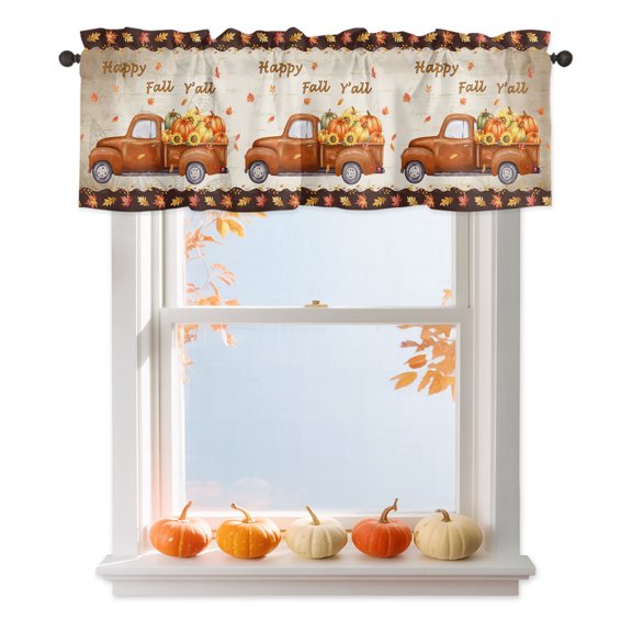 Kitchen Cafe Valance Curtain for Small Windows,Fall Thanksgiving Orange Pumpkin Farm Truck Rod Pocket Short Valances,42x12in