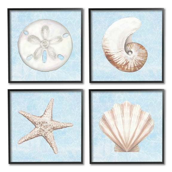 Water Patterned Sea Life Shells Animals & Insects Graphic Art Black Framed Art Print Wall Art, Set of 4