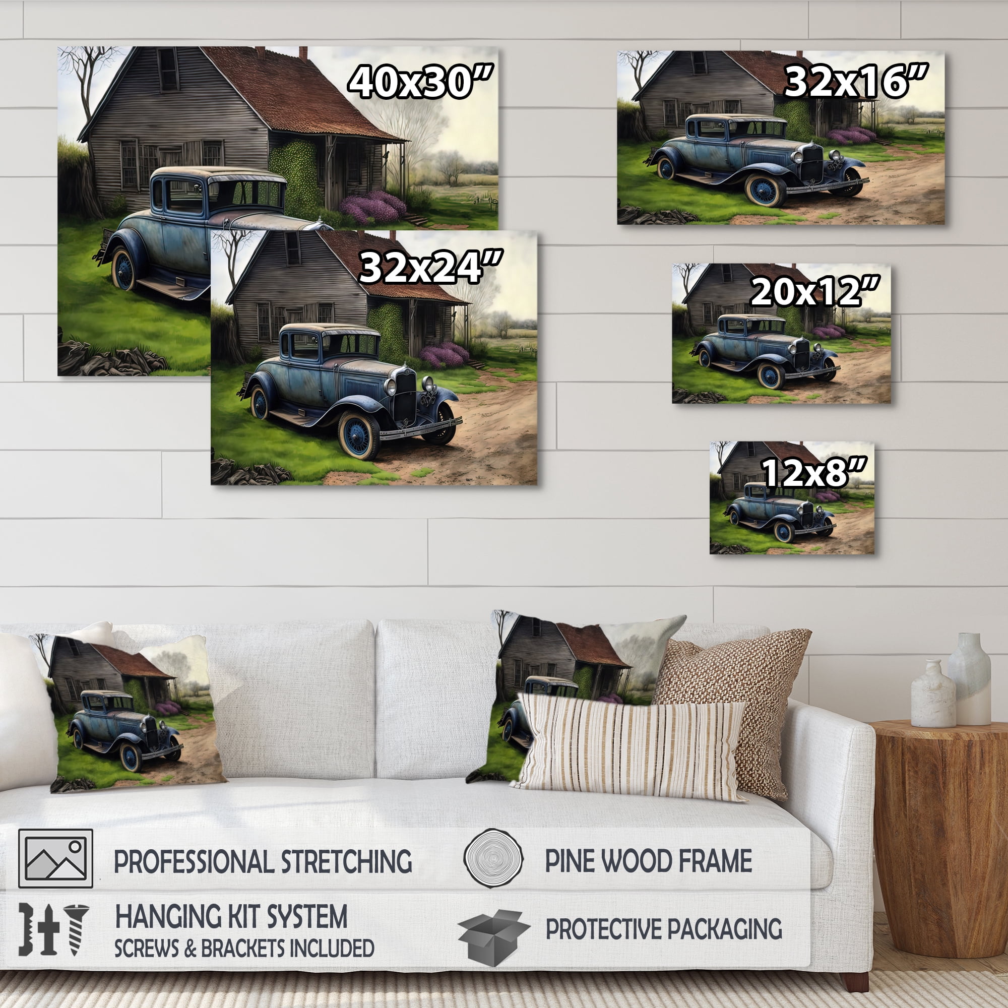 Designart 30S Ford Car In Barn V Canvas Wall Art