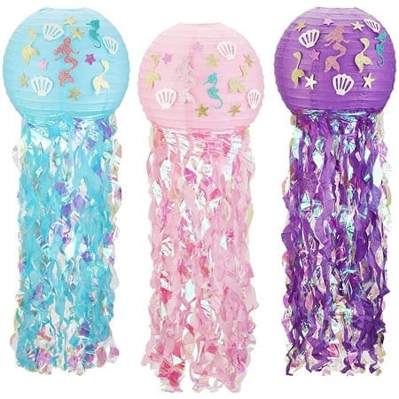 3 Pack Mermaid Hanging Jellyfish Paper Lanterns with Bright Strip and Mermaid Stickers for Ocean Theme Party Decoration