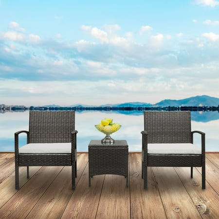 Patio Pool Furniture Sets Hommoo Patio Furniture Set, 3-Piece Wicker Rattan Outdoor Garden Lawn Pool Backyard Sofa Conversation Set with Weather Resistant Cushions and Tempered Glass Tabletop ()