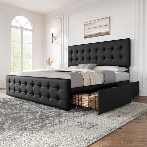 Bingirl King - Size Bed Frame Featuring 4 Storage Drawers, Faux Leather Upholstered Headboard, Wooden Slats Support, and Button - Tufted Design