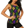 thumbnail image 2 of Xecao Mardi Gras Shiny Green Purple print women's scoop neck, loose-fit workout tank tops for the gym., 2 of 9