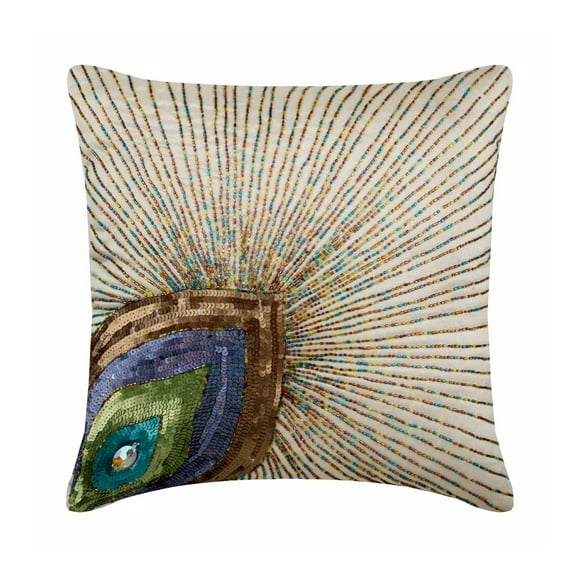 Throw Pillow Cover, Ivory Decorative Pillowcase 16x16 inch (40x40 cm), art deco pillow, Silk Throw Pillows For Couch, Birds, Peacock Feather, Beaded, Zippered Pillow - Peacock Beauty