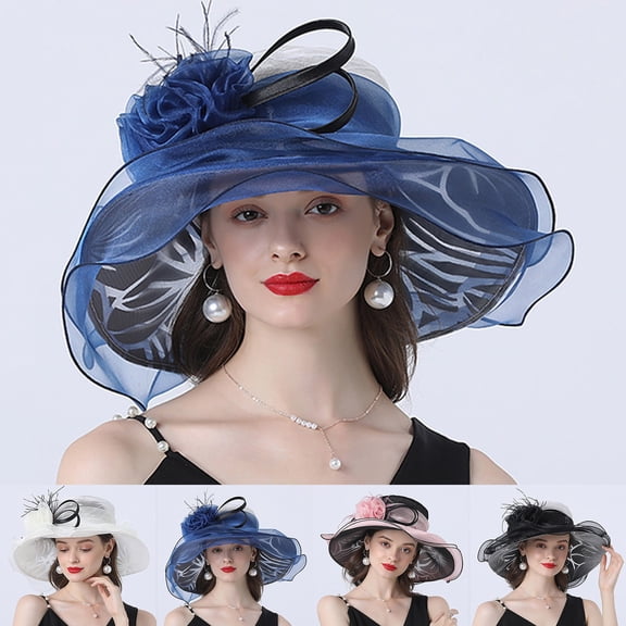 CAIXIA Kentucky Derby Hats Organza Cloche Bowler Hat Tea Party Hats Flat Top Church Hat Adjustable Wide Brim Fascinator Sun Hat Sun Hats for Women Uv Protection