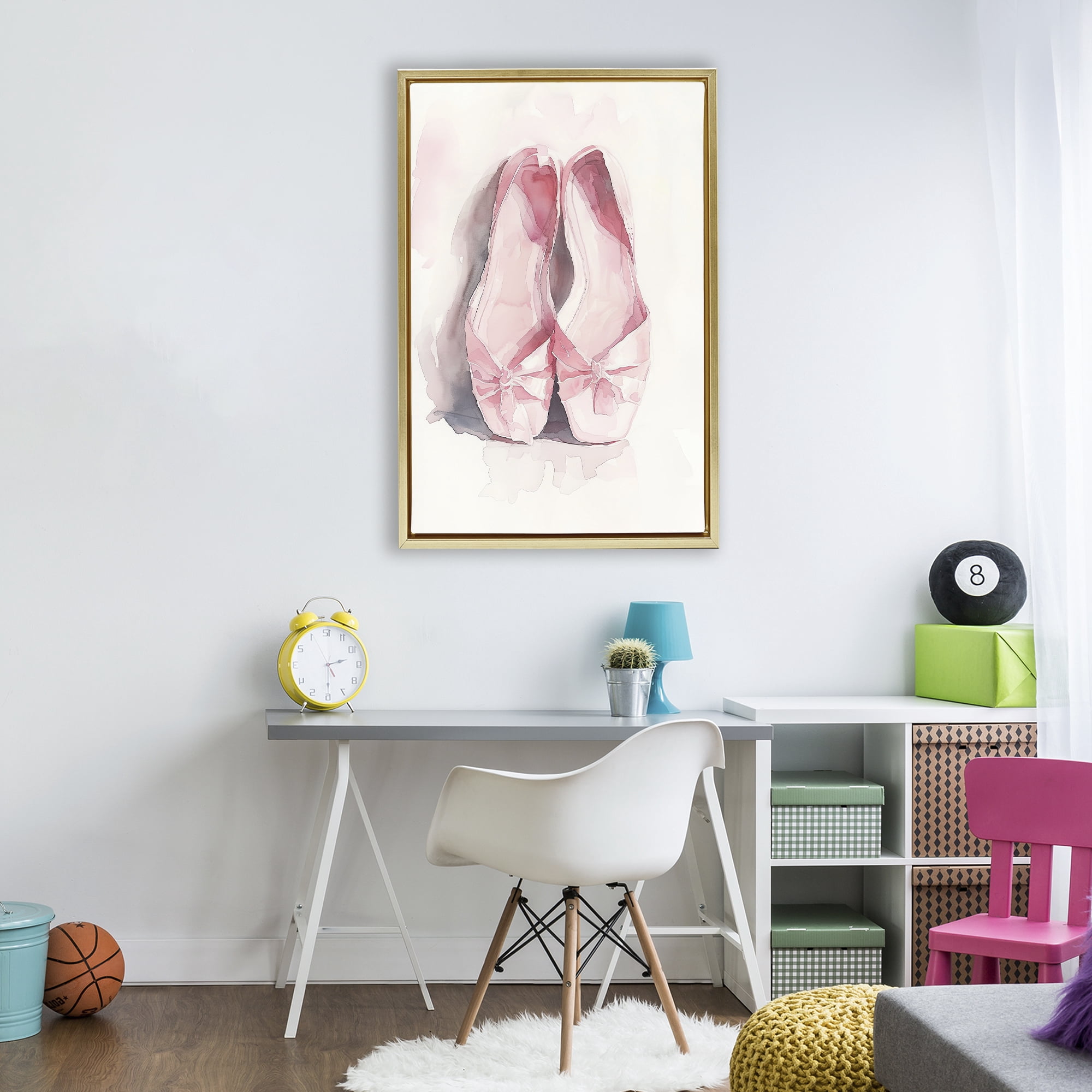 Stupell Industries Soft Blush Ballet Slippers Gold Framed Floater Canvas Wall Art, design by Ray Powers