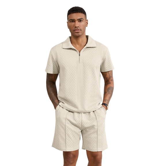 Fexilor Men's 2 Piece Casual Quarter Zip Polo Shirt Set Summer Vacation Beach Outfit,Sizes S-2XL