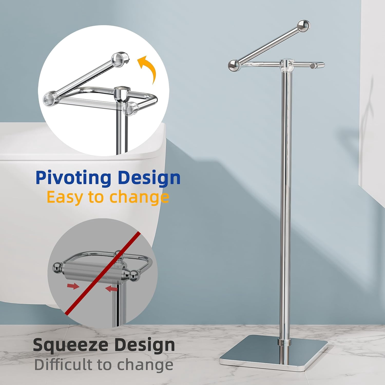 Toilet Paper Holder Stand, Bathroom Toilet Paper Roll Holder Free Standing, Toilet Tissue Holder Stand with Post Pivoting Design, Stable Weighted Base, SUS304 Stainless Steel (Chrome)