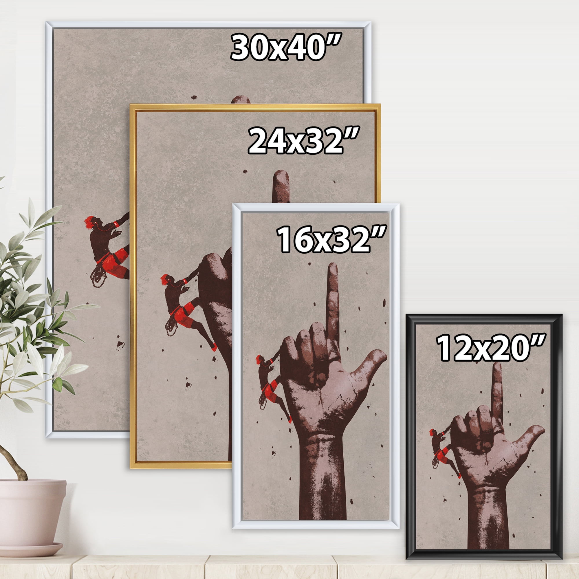 Designart 'Climber With Finger Pointing Up Sign' Modern Framed Canvas Wall Art Print