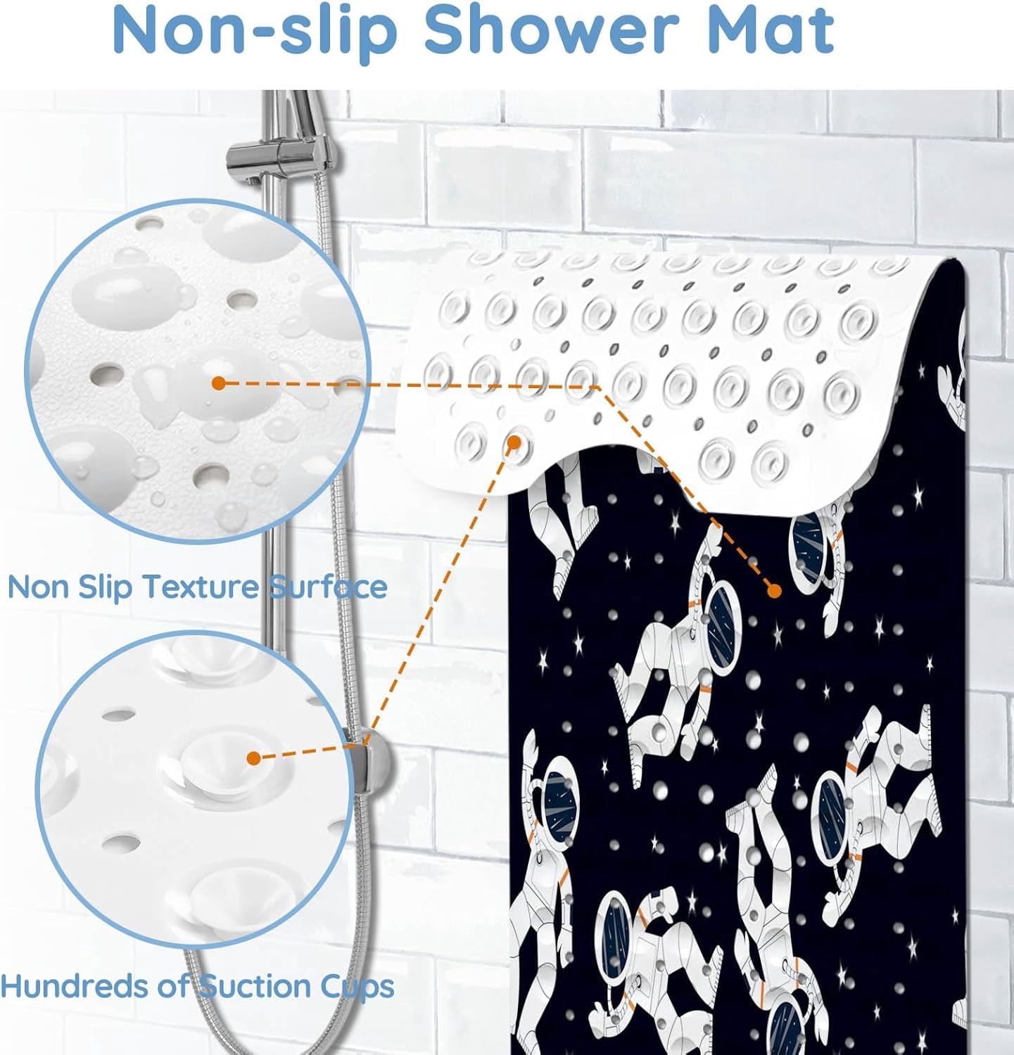 Bathtub Mats for Kids, Black Astronaut Bath Mat for Tub Non Slip, 40 X 16 Inch Large Washable Bathtub Mat Non Slip for Showers with Drain Holes and Suction Cups