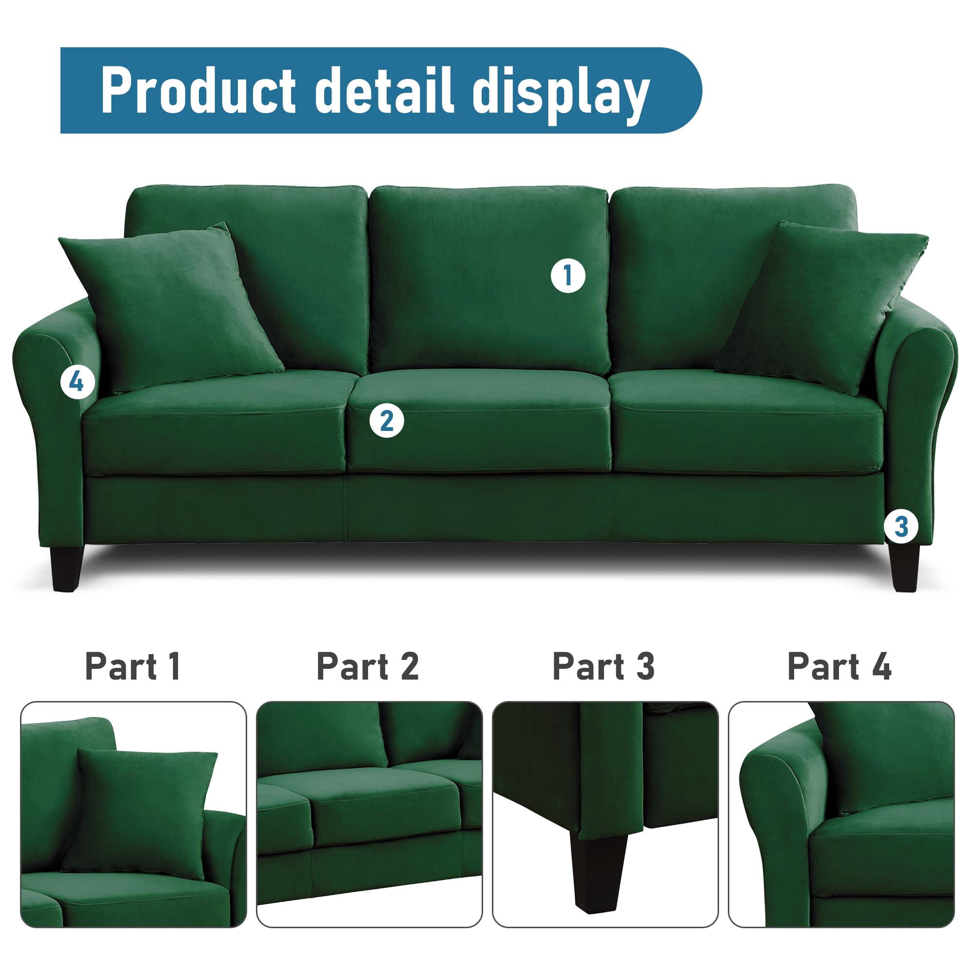 Aukfa 78.4" 3-Seater Sofa, Contemporary Upholstered Sofa Couch for Living Room, Velvet - Green