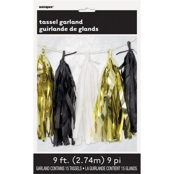 Gold, Black and White Tissue Tassel Garland, 9 ft, 15 tassels, 2.74m