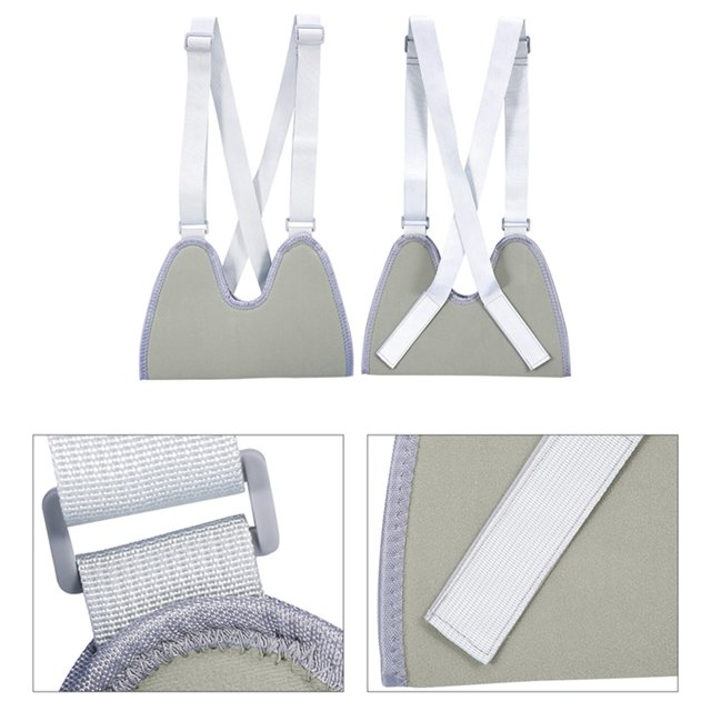 herramienta para el cuidado de la salud cabestrillo para brazo suave lavable ajustable multifunción cómodo para dislocación del hombro tensión del hombro cabestrillo acolchado gris con tirantes cruzados blancos y almohadilla ancha para el hombro, hebilla de liberación rápida y correa de pecho visibles; costuras y superficie de tela transpirable en primer plano.