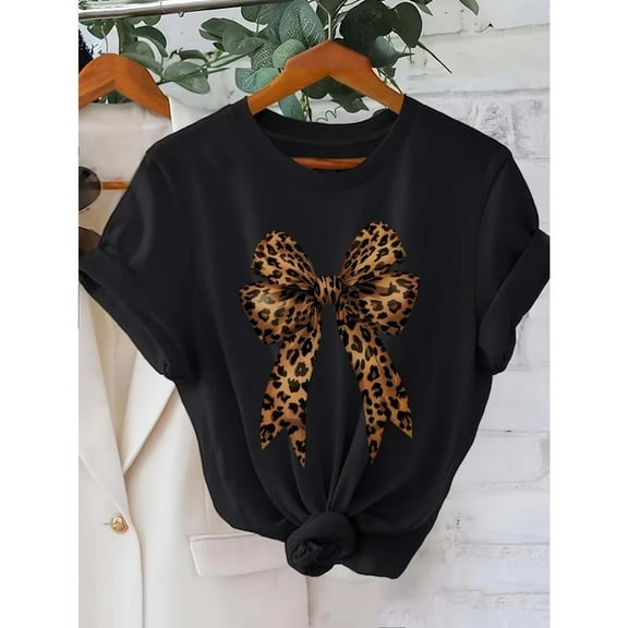 Funny Graphic Tee,Tops Has Leopard Print Bow Printed,Casual Round Neck Regular Fit T-shirts, Size(S-5XL)