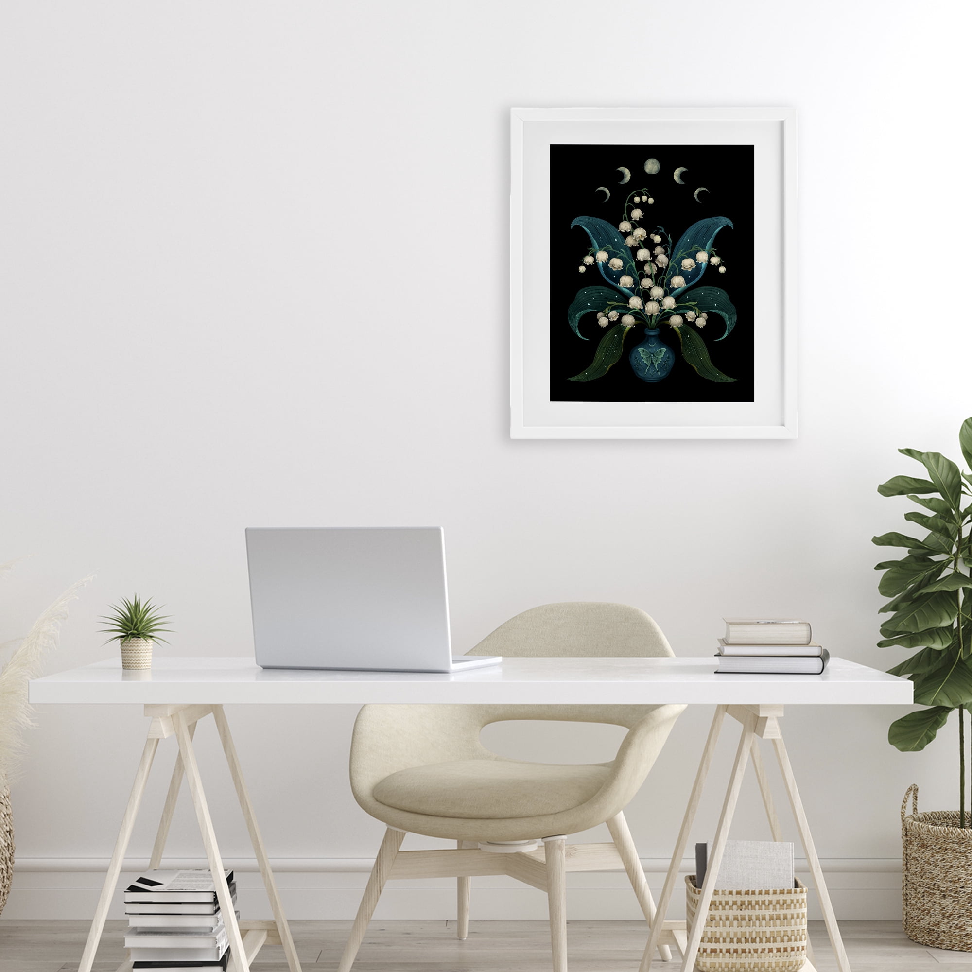 Stupell Industries Lunar Lily Of Valley White Framed Print Under Glass, design by Episodic Drawings