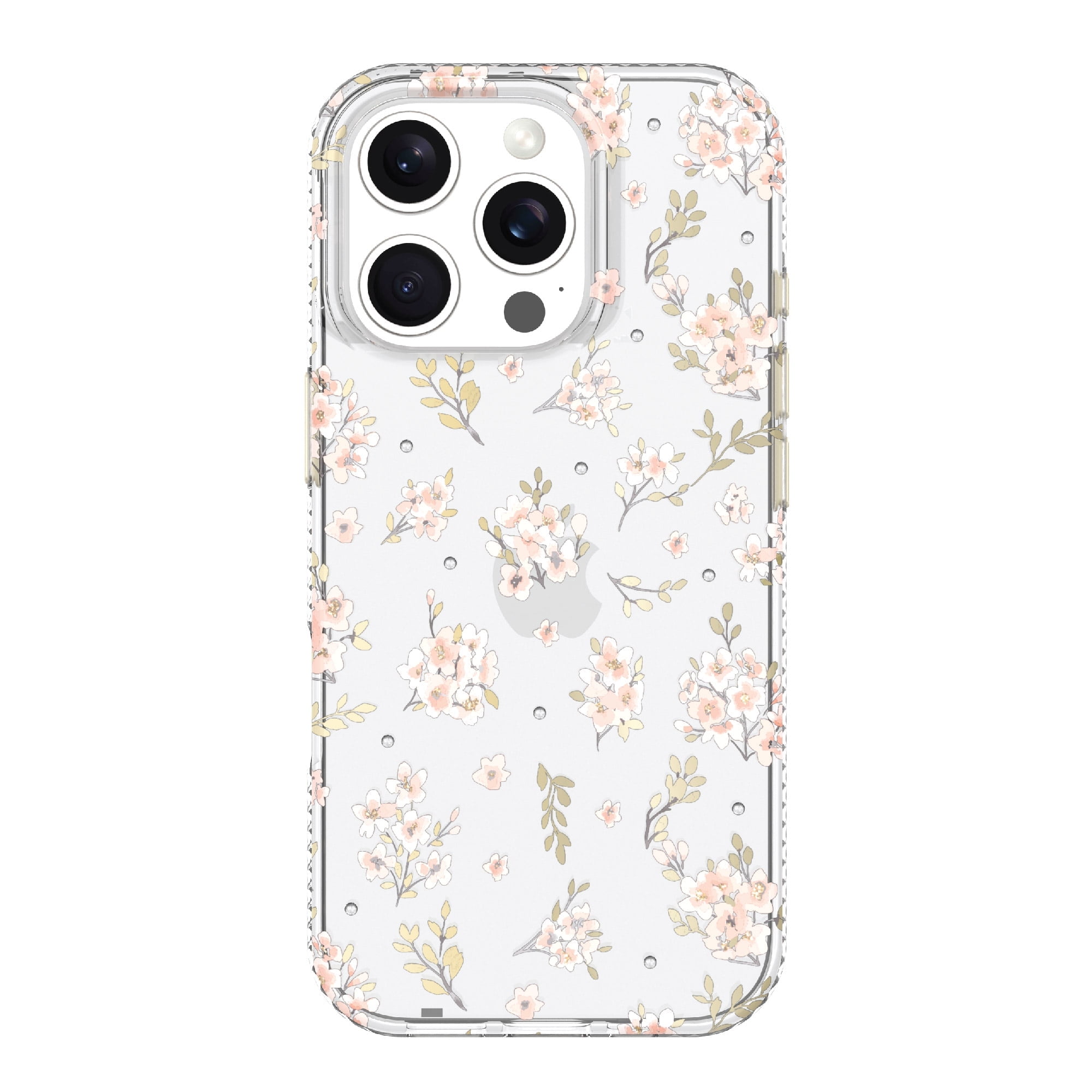Restored onn. WIBPPF100149717 Phone Case with Shockridge Interior, Pink Floral with Embedded Gems, Metallic Button Covers, for iPhone 16 Pro (Refurbished)