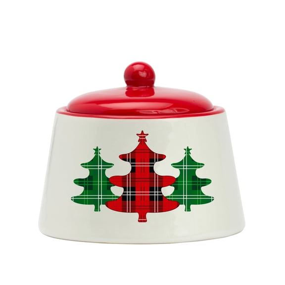 Amici Home Christmas Sugar Bowl with Lid - 8-Ounce Ceramic Container for Salt, Sugar, Spices - Festive Plaid Xmas Tree Kitchen Sugar Bowl, Compact Kitchen Storage for Coffee, Tea, and Seasonings