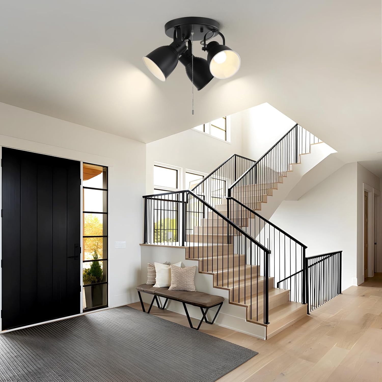 3 Light Ceiling Light with Pull Chain,Adjustable Directional Ceiling Track Light,Industrial Pull Chain Light Fixtures for Bedroom Hallway Closet.